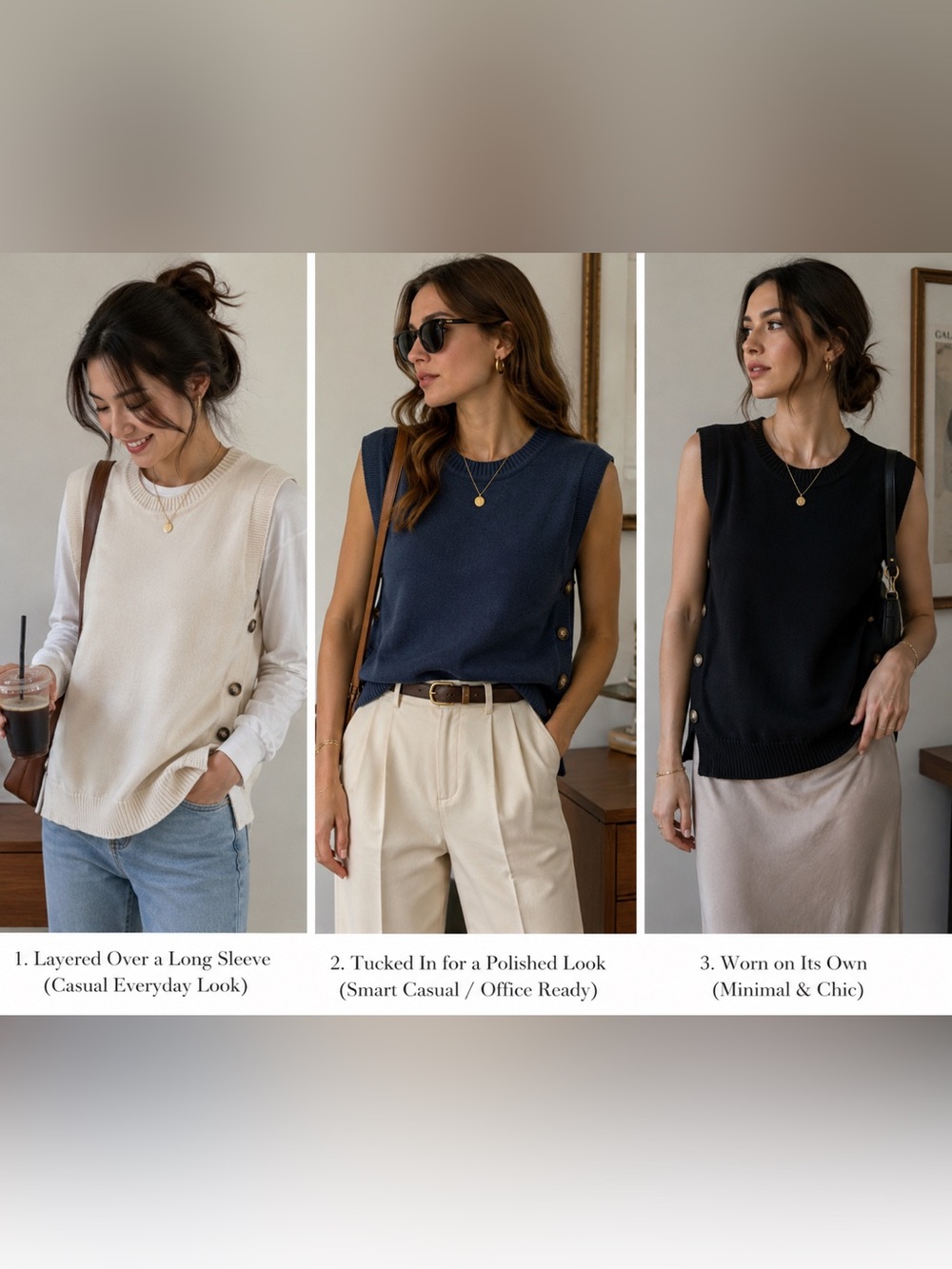 Bundle of 3 Sleeveless Button-Side Knit Sweater Vest - Ivory, Navy, Black-size M